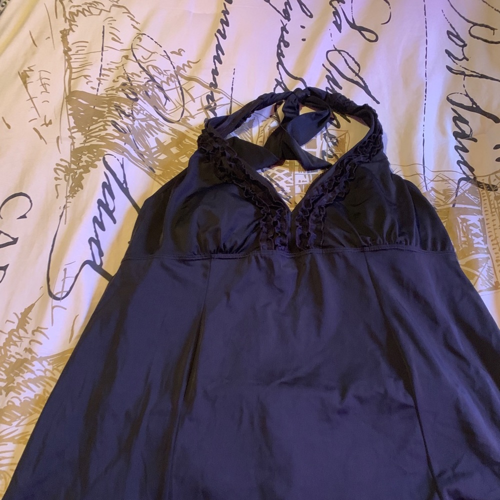 Black ruffle neckline halter swimdress